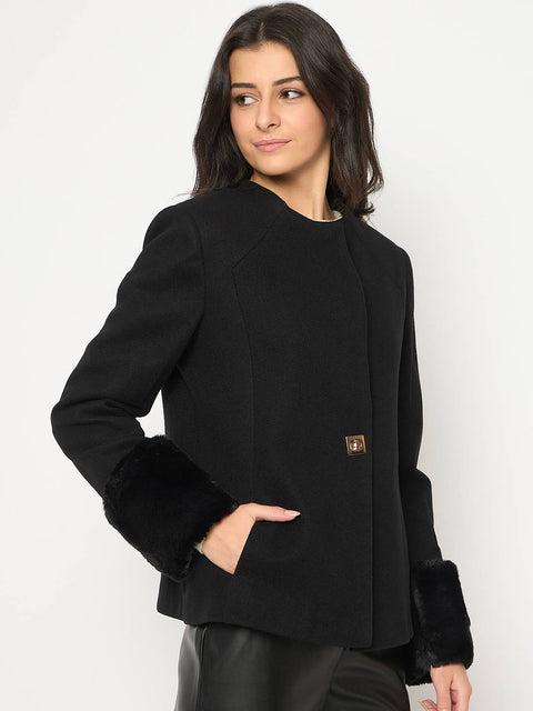 Madame Front Pocketed Round Neck Black Short Coat