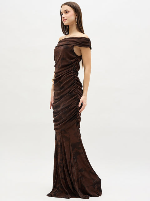 Madame Brown Mesh Off-Shoulder Bodycon Dress