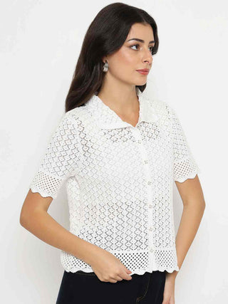 Madame Scalloped Hem White Knitted Polo Top