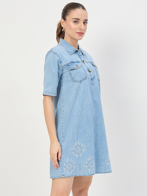 Madame Light Blue Cotton Tencel Embroidered Shirt Dress