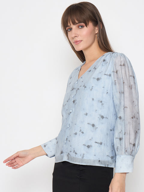 Madame Nylon Printed Embellished Ice Blue Overlapping Top