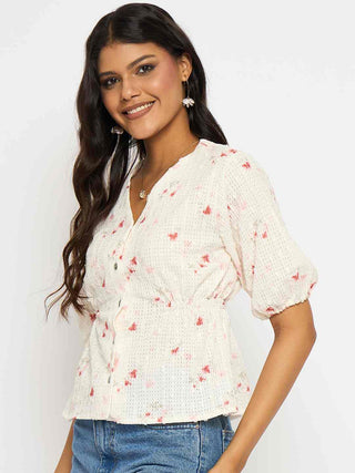 Madame Printed V Neck Red Top