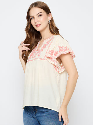 Madame Embroidered Rayon Blend Beige Top