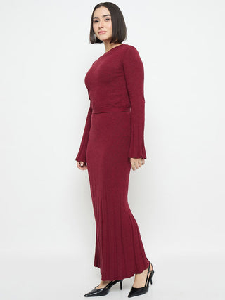 Madame Full Sleeve Top and Maxi Skirt Wine Red Knitted Co-ord Set