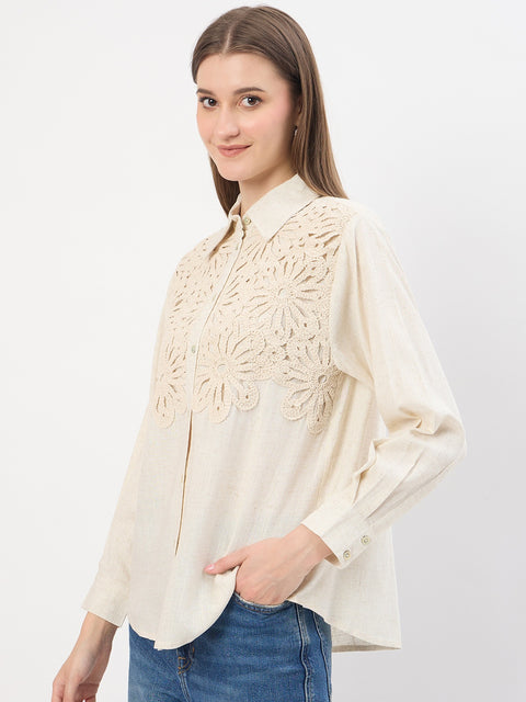 Madame Embroidery Patchwork Beige Viscose Shirt