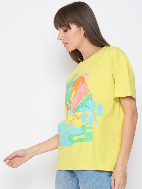 Madame Swarovski Detail Graphic Print Lemon Yellow Sinker T-shirt