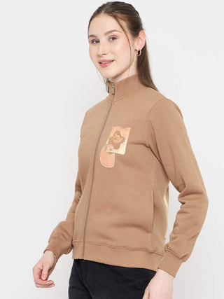 Madame Beige Mock Neck Sweatshirt with Graphic Print Pocket Patch