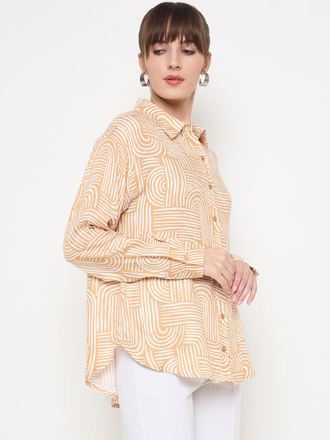Madame Abstract Print Shirt Collar Brown Shirt