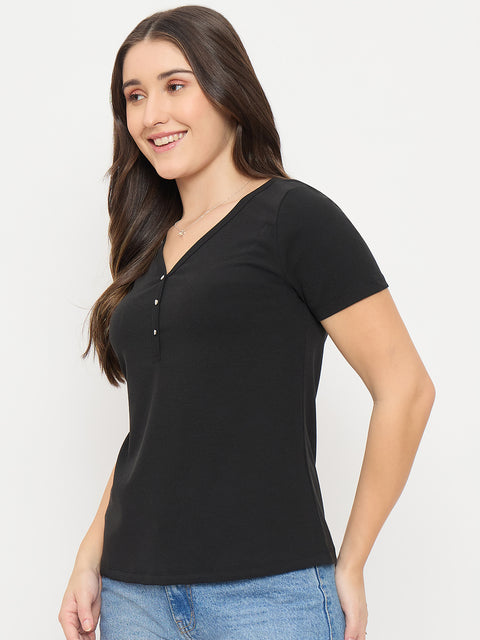 Madame Black V-Neck T-Shirt with Button Placket