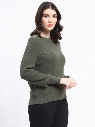 Madame Button Detailed Solid Olive Knitted Sweater