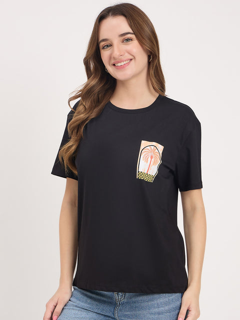 Madame Black Printed Cotton Round Neck T-Shirt