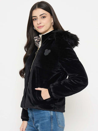 Madame Disney Printed Hooded Zip Up Black Jacket