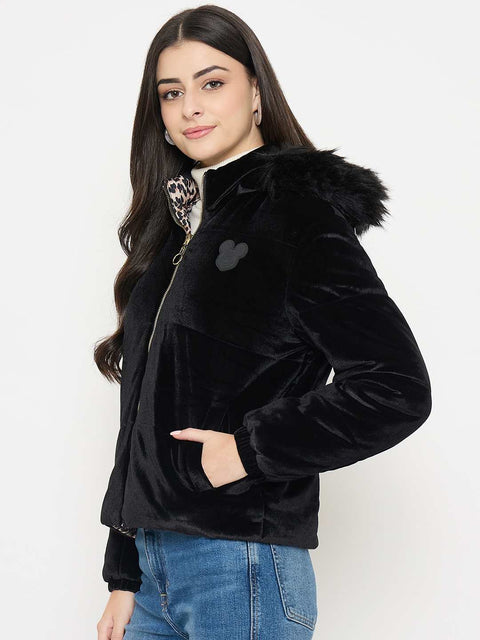 Madame Disney Printed Hooded Zip Up Black Jacket