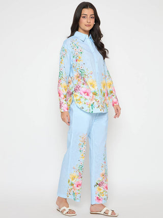 Madame Printed Shirt and Trousers Blue Cotton Co-ord Set
