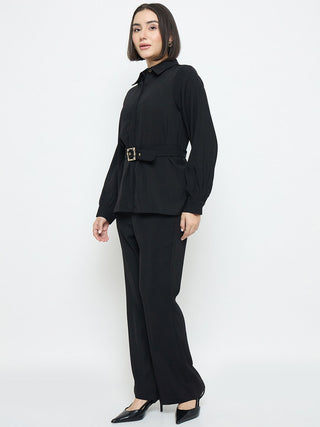 Madame Solid Belted Black Shirt