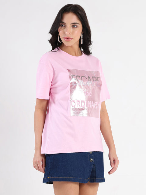 Madame Swarovski Detailed Graphic Print Pink Cotton T-shirt