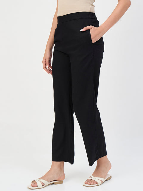 Madame Black Elastic Waist Linen-Blend Trousers