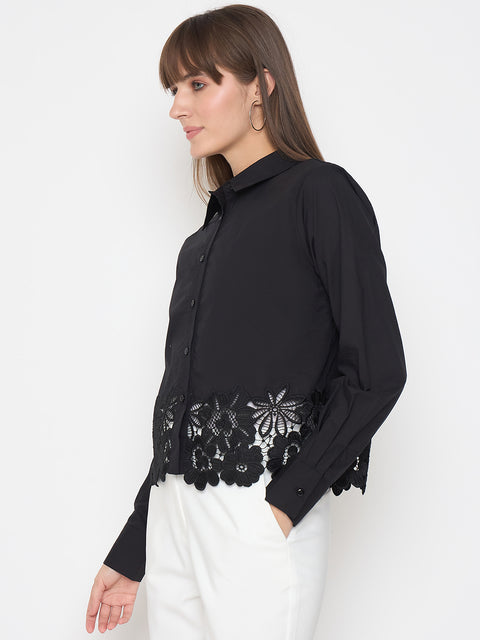 Madame Floral Lace Scalloped Hem Black Shirt