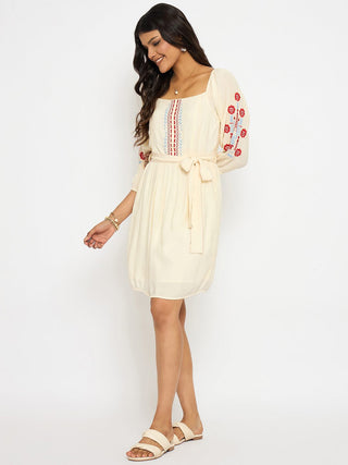 Madame Embroidered Ivory Belted Mini Dress