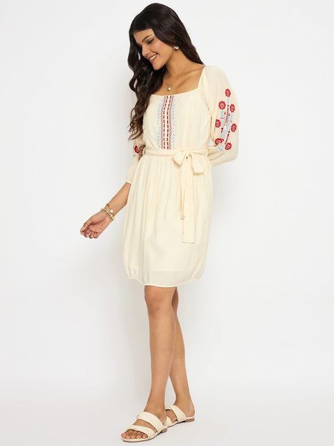 Madame Embroidered Ivory Belted Mini Dress
