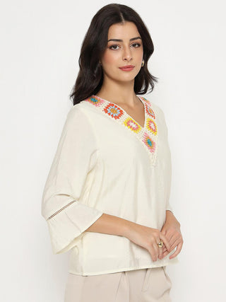 Madame Embroidered Neckline Rayon Blend Beige Top
