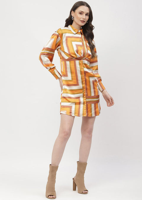 Madame Geometric Print Button Down Orange Mini Shirt Dress