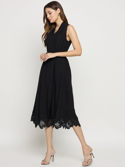 Madame Black Viscose Mandarin Collar Sleeveless Midi Dress