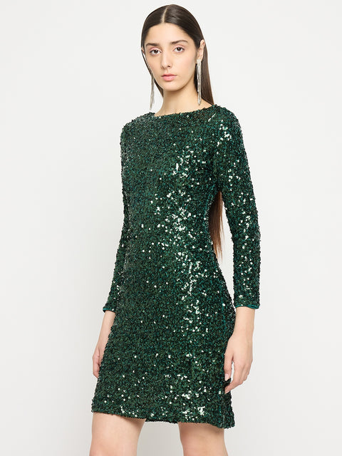 Madame Boat Neck Printed Green Bodycon Dress