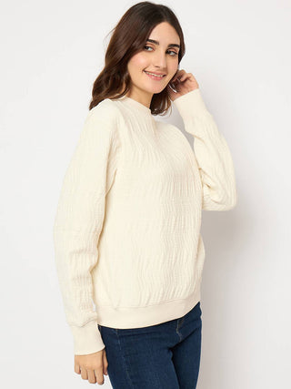 Madame Knitted Self-Textured Off White Sweatshirt