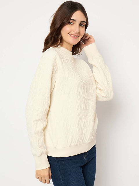 Madame Knitted Self-Textured Off White Sweatshirt