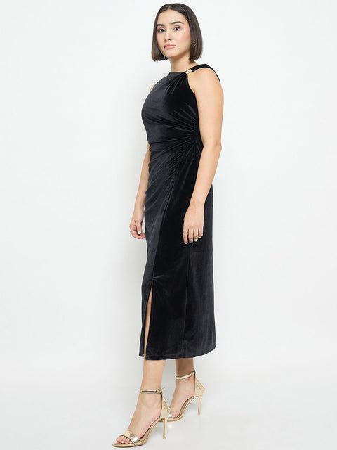 Madame Side Ruched Midi Black Sheath Dress