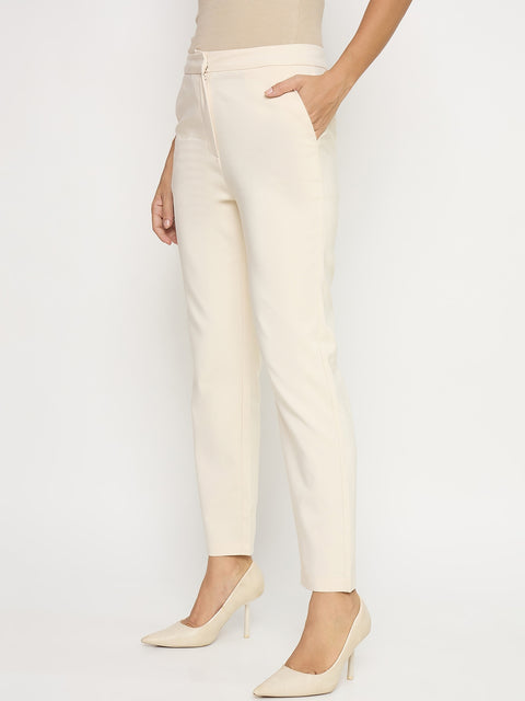 Madame Cotton Blend Slim Fit Beige Trousers
