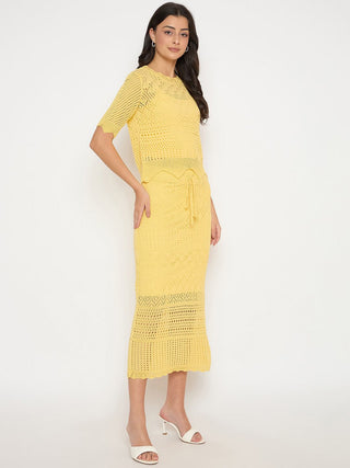 Madame Acrylic Blend Top and Skirt Yellow Knitted Co-ord Set