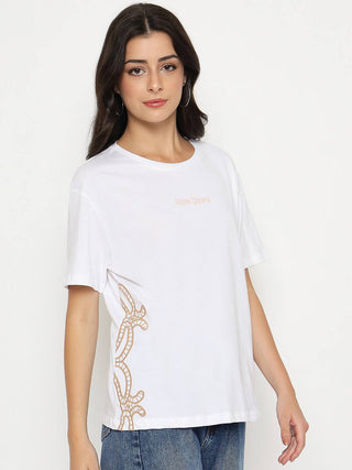 Madame Embroidered Half Sleeve White Cotton T-shirt