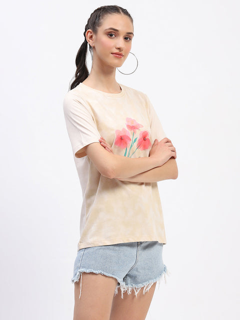Madame Graphic Printed Crew Neck Cotton Beige T-shirt