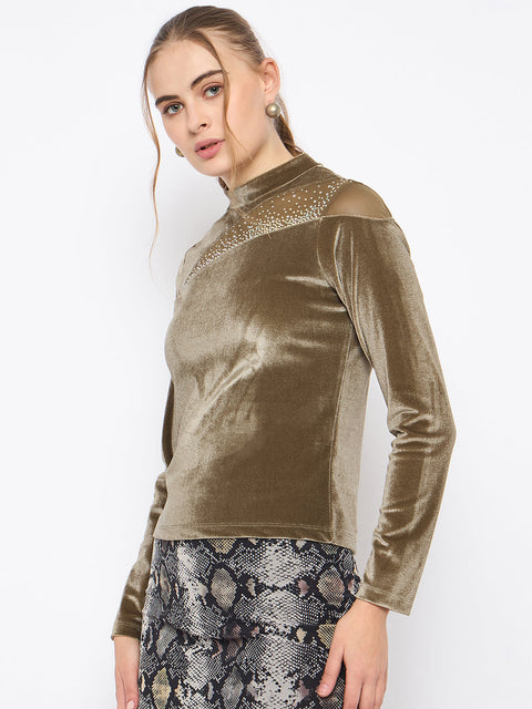 Madame Band Neck Sew Detailed Swarovski Embellished Olive Velvet Top