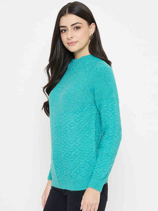 Madame Textured Mock Neck Peacock Green Acrylic Sweater