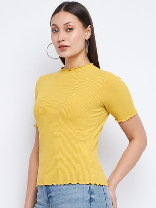 Madame Solid Mustard Yellow Lettuce Hem Top
