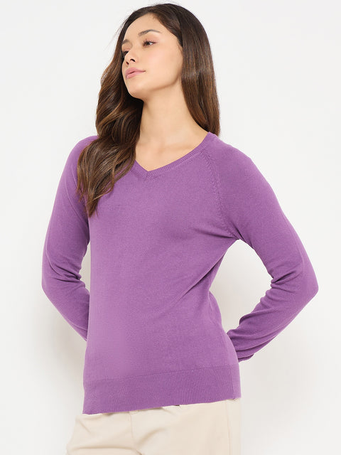 Madame V Neck Purple Solid Sweater