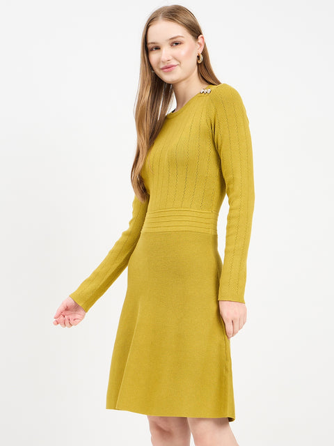 Madame Embellished Fit and Flare Green Knit Dress