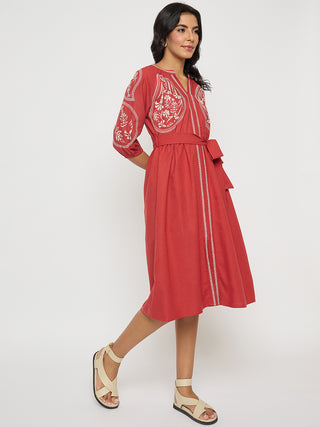 Madame Embroidered Belted A Line Midi Coral Dress