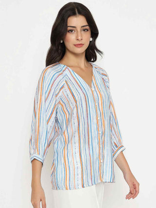 Madame Striped Rayon Blend Blue Top
