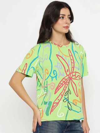 Madame All Over Print Half Sleeve Parrot Green Cotton T-shirt