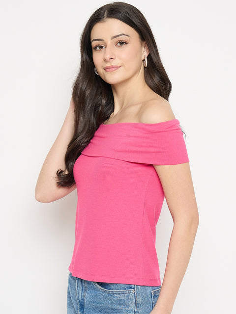 Madame Hot Pink Rayon Blend Off-Sleeve Top