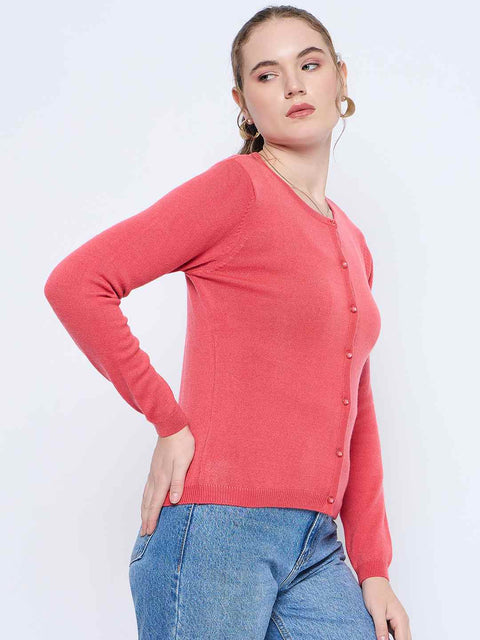 Madame Solid Coral Button Down Crew Neck Cardigan