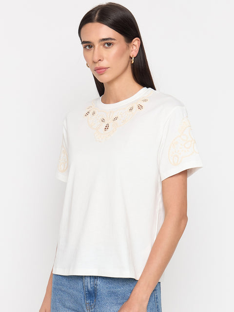 Madame White Cotton Embroidered Half-Sleeve Top