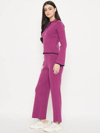 Madame Contrast Trim Top and Solid Bottoms Purple Knitted Co-ord Set