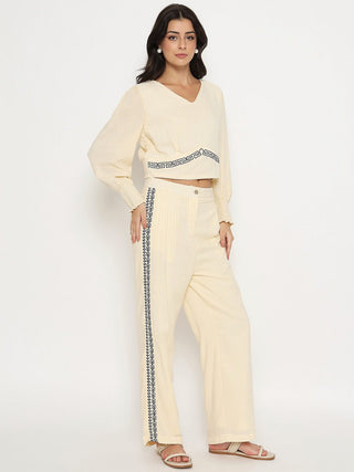 Madame Embroidered Top and Bottom Textured Beige Co-ord Set