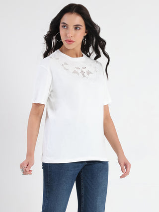Madame Embroidered Round Neck White Cotton Lycra T-shirt