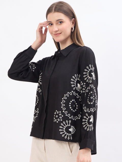 Madame Black Embroidered Viscose Blend Shirt